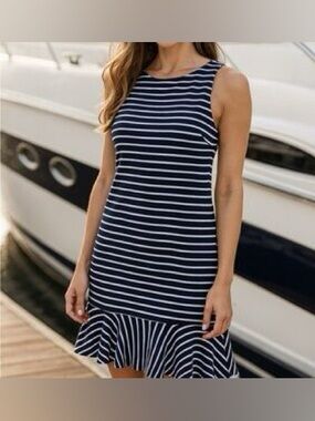 Sail to Sable Sleeveless Ponte Ruffle Hem Short Dress blue horizontal stripe M